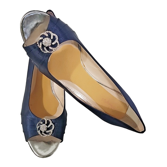 Erijunor Navy Blue Satin Peep-Toe Heels With Rhinestones Size 11B0 - Picture 3 of 14